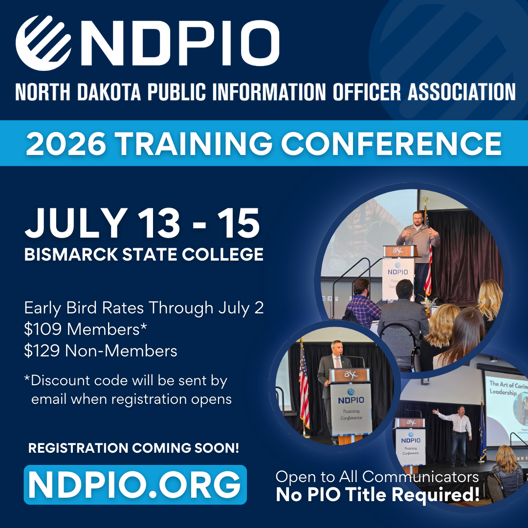 Conference overview graphic for the 2026 NDPIO Training Conference with event dates, location, pricing details, and speaker images.